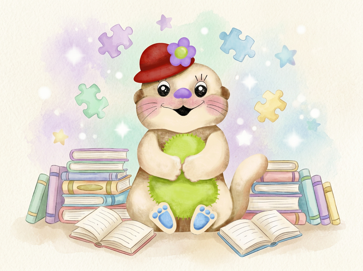 Mascote Luminus com livros e peças de quebra-cabeça